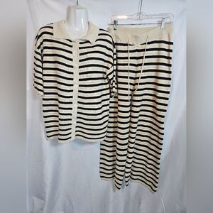 Apricot Black Cream Striped Knit Lounge Set Button Cardigan & Wide Leg Pants L